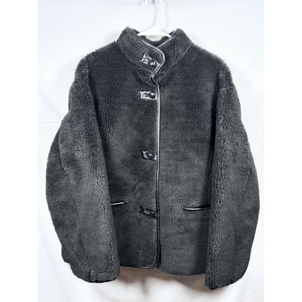 GAP Recycled Sherpa Vegan Leather Trim Jacket Womens L Black Cozy Coat - Picture 2 of 15